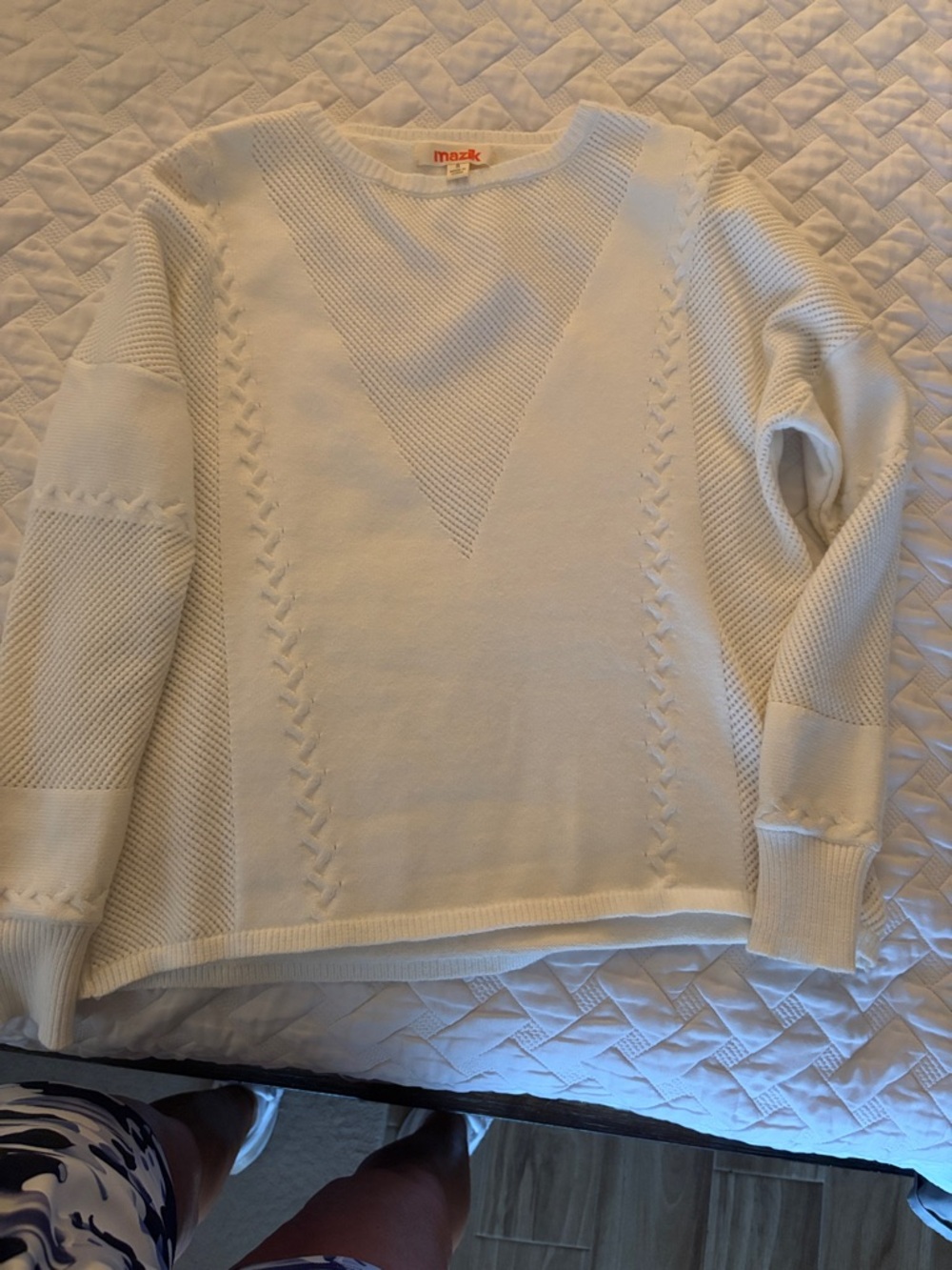 Mazik Cream Textured V-Panel Crewneck Sweater